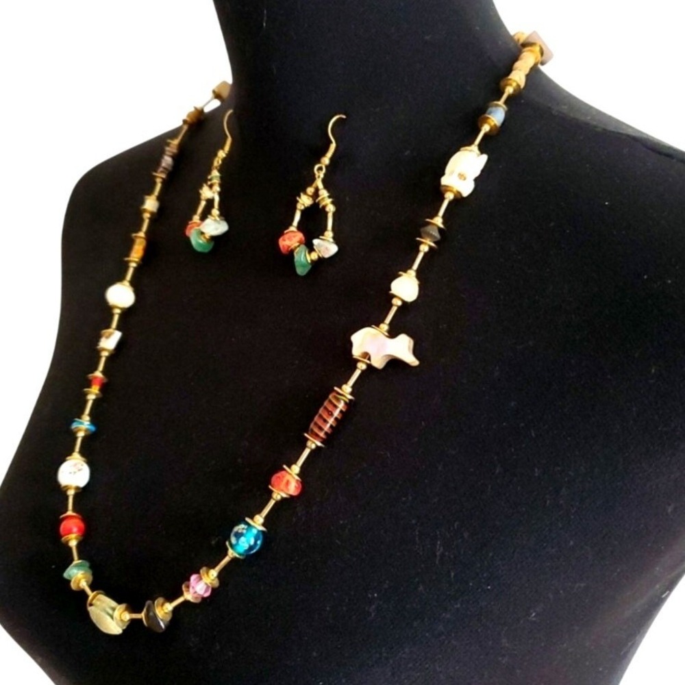 Egyptian Revival Necklace & Earrings Stone Glass Beads Boho Ethnic Animal Fetish